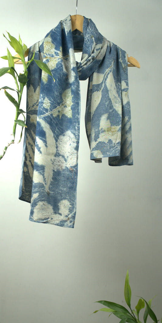 Indigo Still Eco-Printed Eri Silk Scarf