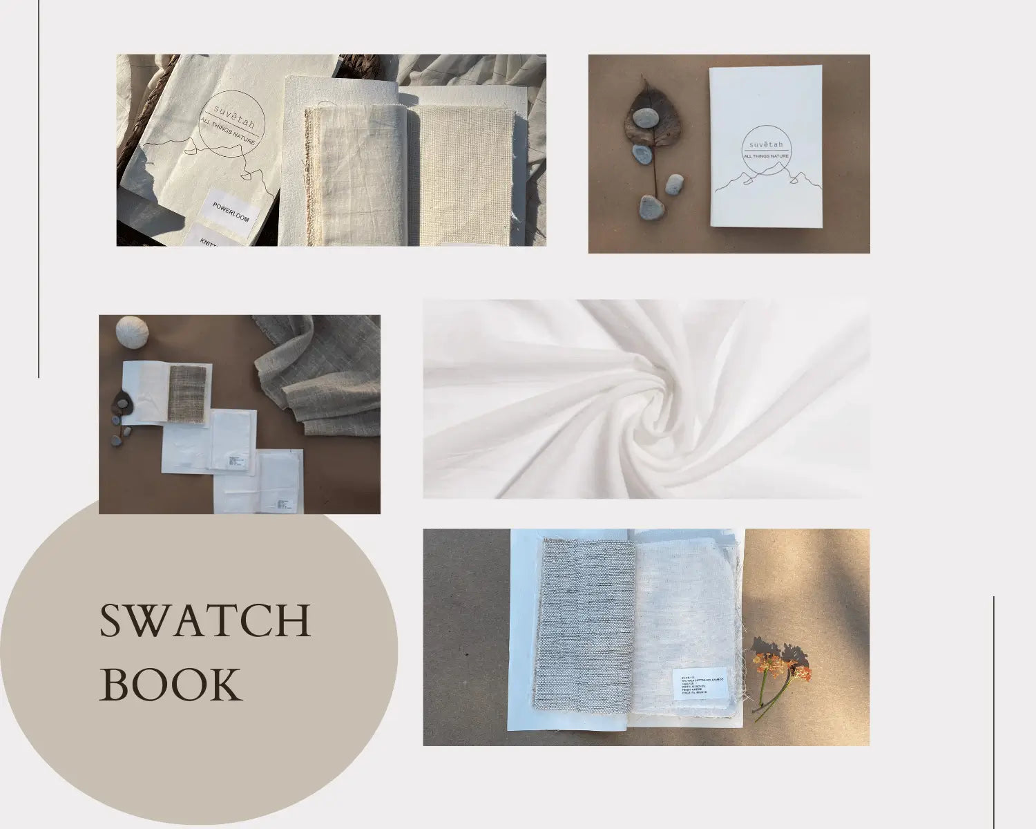 Collage of swatches and samples with a focus on textures and organic fabric materials, featuring the text 'Swatch Book'.